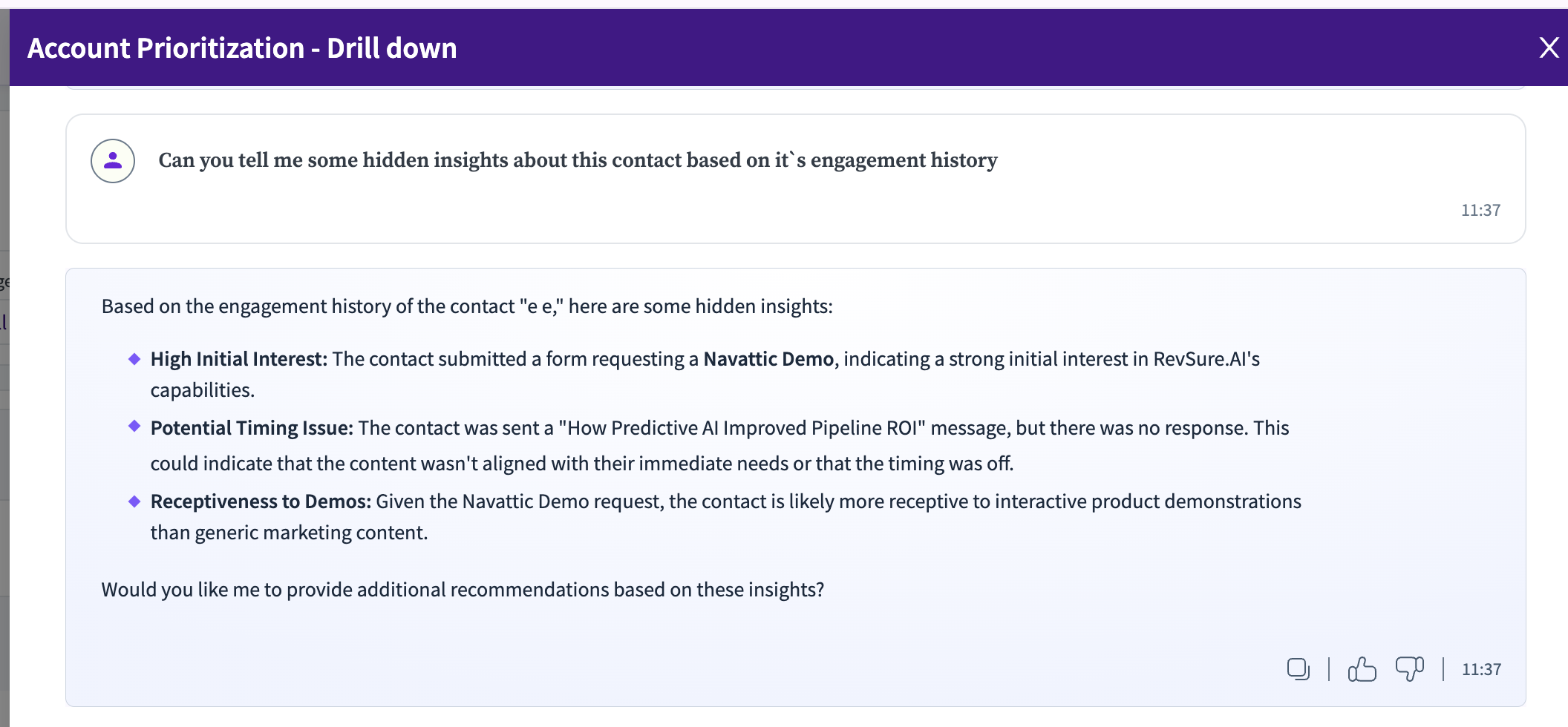Insights on contact engagement history, highlighting interest in demos and timing issues.